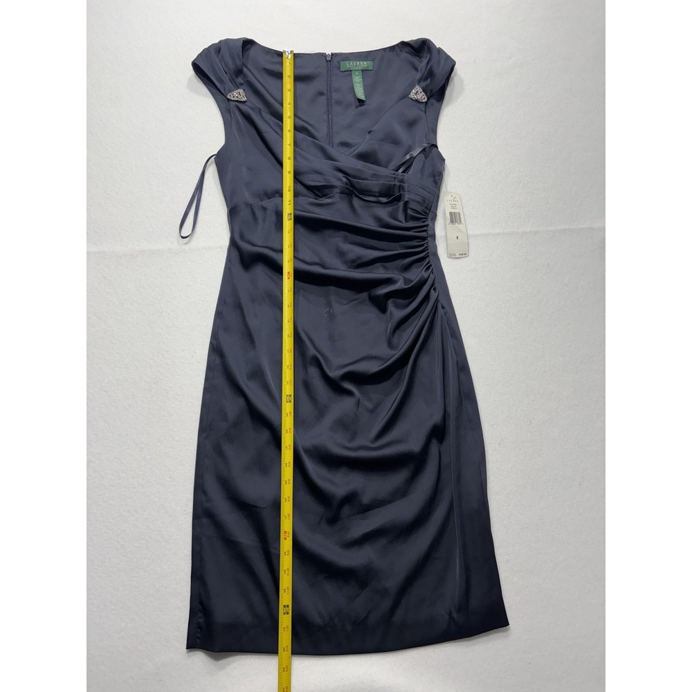 Lauren Ralph Lauren Evening Dress Womens 8 Blue Ruched Satin Sheath Knee Length - Picture 6 of 11